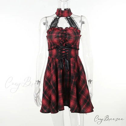 Gothic Halter Neck Sleeveless Vintage Plaid Mall Goth High Waist A line Swing Backless Dress Red / S