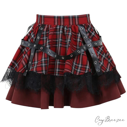 Gothic Harajuku Girls Plaid Pleated Sweet Lace Kawaii Y2k Costume Skirt RED / S