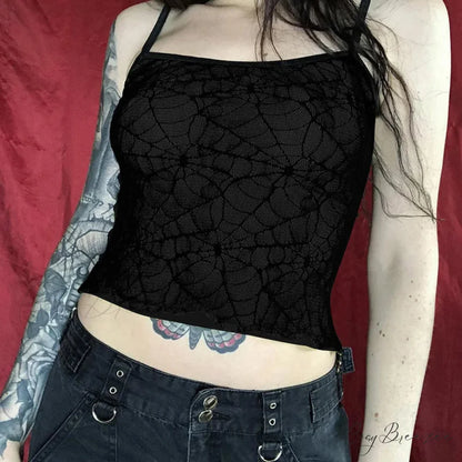 Gothic High Street Sexy Mesh Lace Backless Ruffle Sleeveless Crop Top Black / S