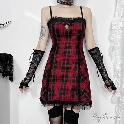 Gothic High Waist Plaid Halter Vintage Retro Grunge Aesthetics Contrast Swing Party Dress