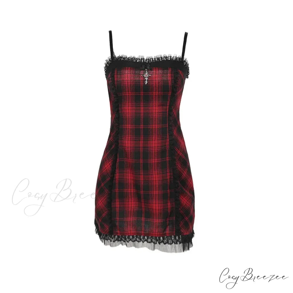 Gothic High Waist Plaid Halter Vintage Retro Grunge Aesthetics Contrast Swing Party Dress