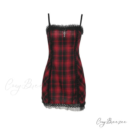 Gothic High Waist Plaid Halter Vintage Retro Grunge Aesthetics Contrast Swing Party Dress