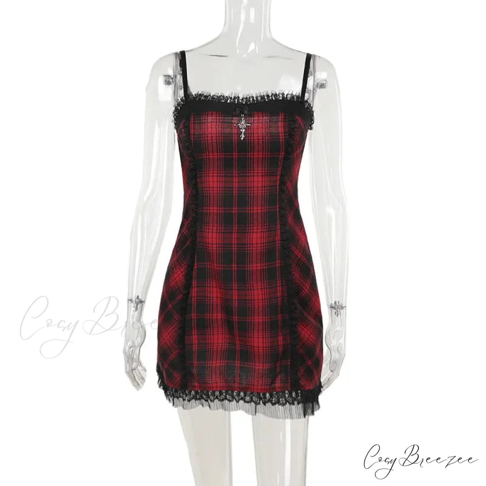 Gothic High Waist Plaid Halter Vintage Retro Grunge Aesthetics Contrast Swing Party Dress Red / M