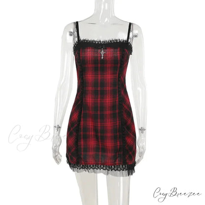Gothic High Waist Plaid Halter Vintage Retro Grunge Aesthetics Contrast Swing Party Dress Red / M