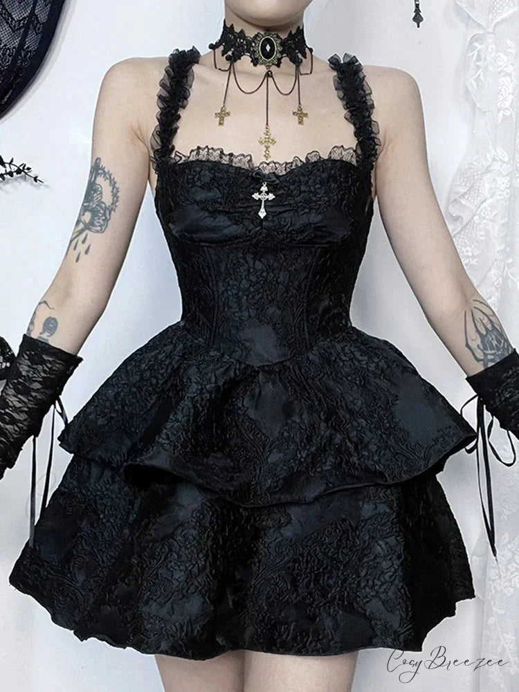 Gothic Jacquard Double Cake Suspender Vintage Lace Trim Backless A Line Mini Club Dress