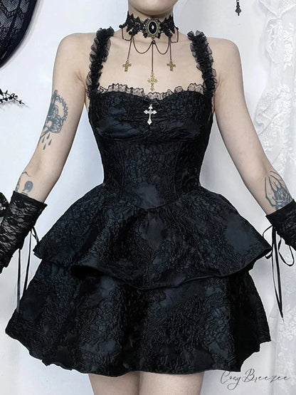 Gothic Jacquard Double Cake Suspender Vintage Lace Trim Backless A Line Mini Club Dress