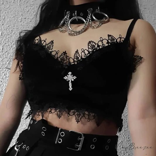 Gothic Lace Bandage Velvet Sleeveless Crop Top Black / S