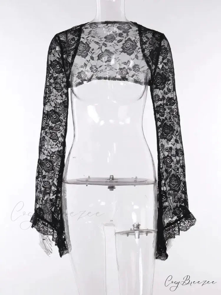 Gothic Lace Harajuku Y2K Spaghetti Strap Bodycon Flare Sleeve Backless E-Girls Dress BLACK / S