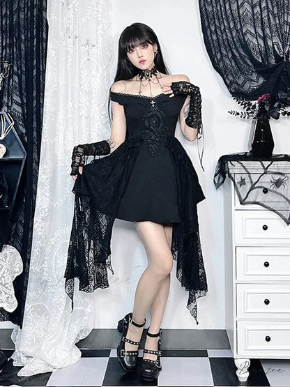 Gothic Lace Pleated Off Shoulder Fluffy Floral Patchwork Retro A Line Grunge Dress Black / XS