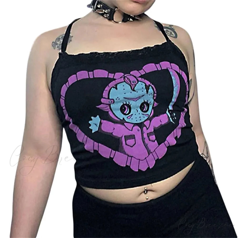 Gothic Lace Trim U-neck Exposed Navel Crop Top Black / S
