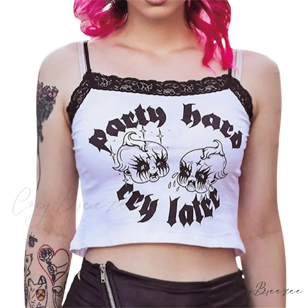 Gothic Lace Trim U-neck Exposed Navel Crop Top WHITE / S