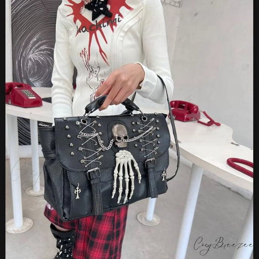 Gothic Lolita Harajuku Punk One Shoulder Y2K Rivet Chain Skull Bag BLACK