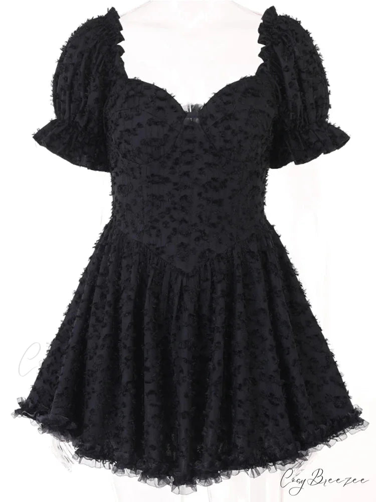 Gothic Lolita Women’s Vintage High Waist Black Ball Gown Goth Puff Sleeve V-neck Dress