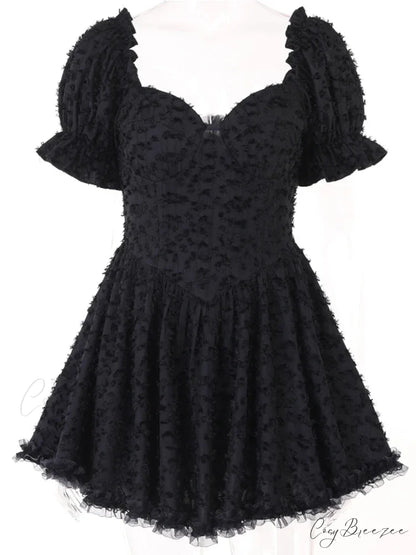 Gothic Lolita Women’s Vintage High Waist Black Ball Gown Goth Puff Sleeve V-neck Dress