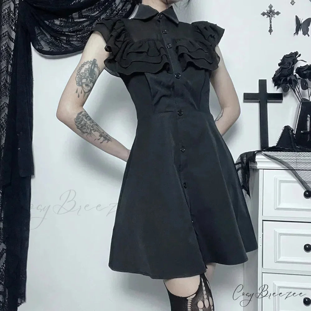 Gothic Mall Harajuku E Girl Mesh Patchwork Black Slim A Line Sexy Party Grunge Streetwear Dress