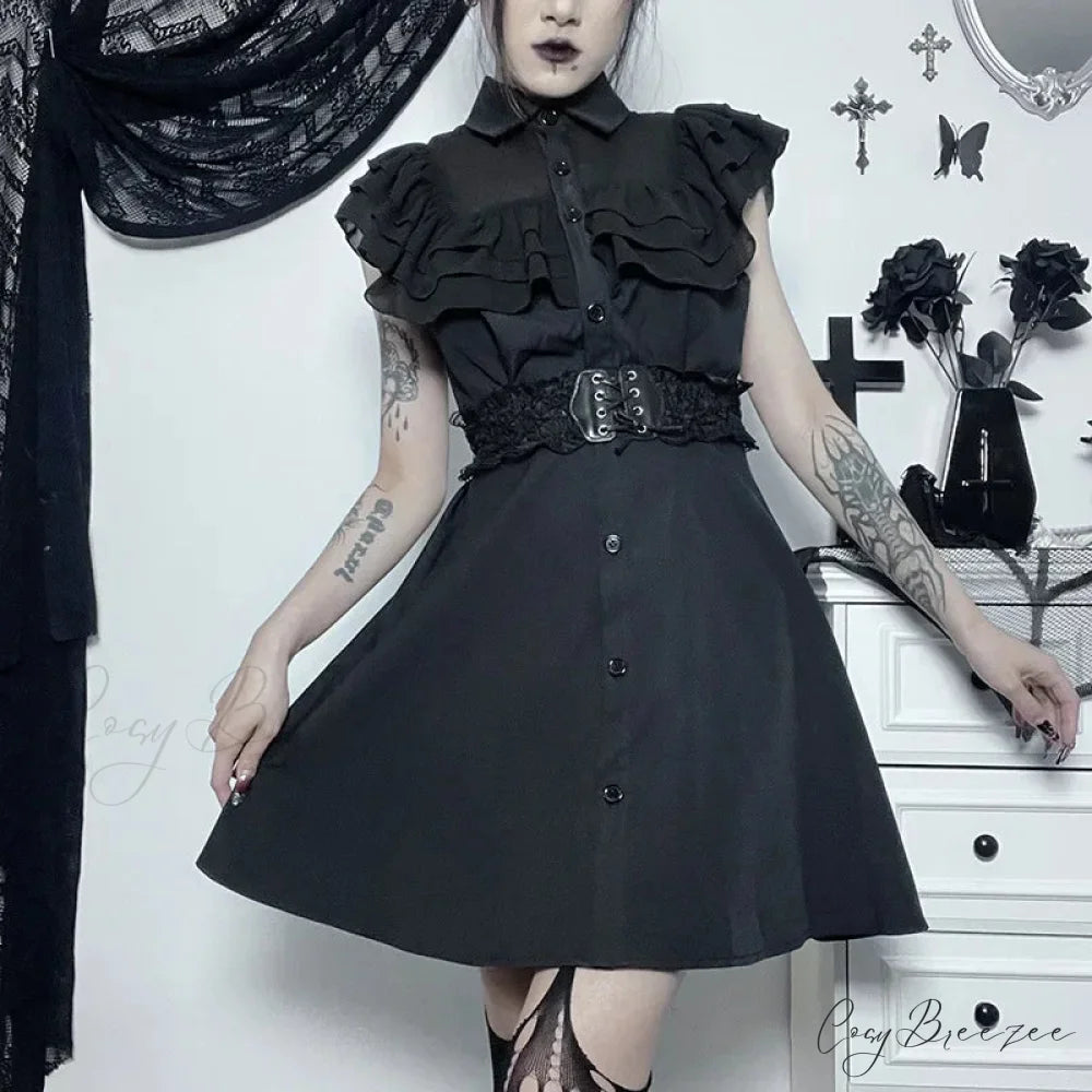 Gothic Mall Harajuku E Girl Mesh Patchwork Black Slim A Line Sexy Party Grunge Streetwear Dress Black / L