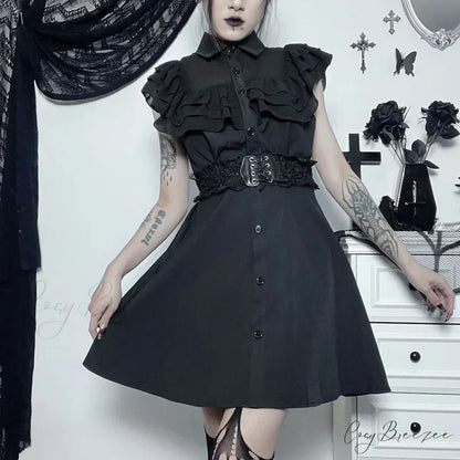 Gothic Mall Harajuku E Girl Mesh Patchwork Black Slim A Line Sexy Party Grunge Streetwear Dress Black / L