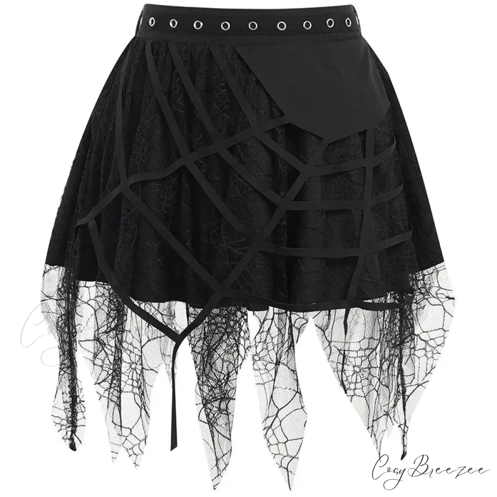 Gothic Mini Y2K Harajuku Spider Web Patchwork Lace Tassel Dark Academy Street Woman With Belt Fairy Grunge Skirt Black