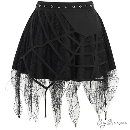 Gothic Mini Y2K Harajuku Spider Web Patchwork Lace Tassel Dark Academy Street Woman With Belt Fairy Grunge Skirt Black