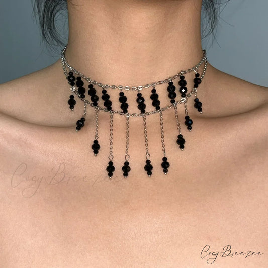 Gothic Original Design Black Tassel Choker Necklace BLACK