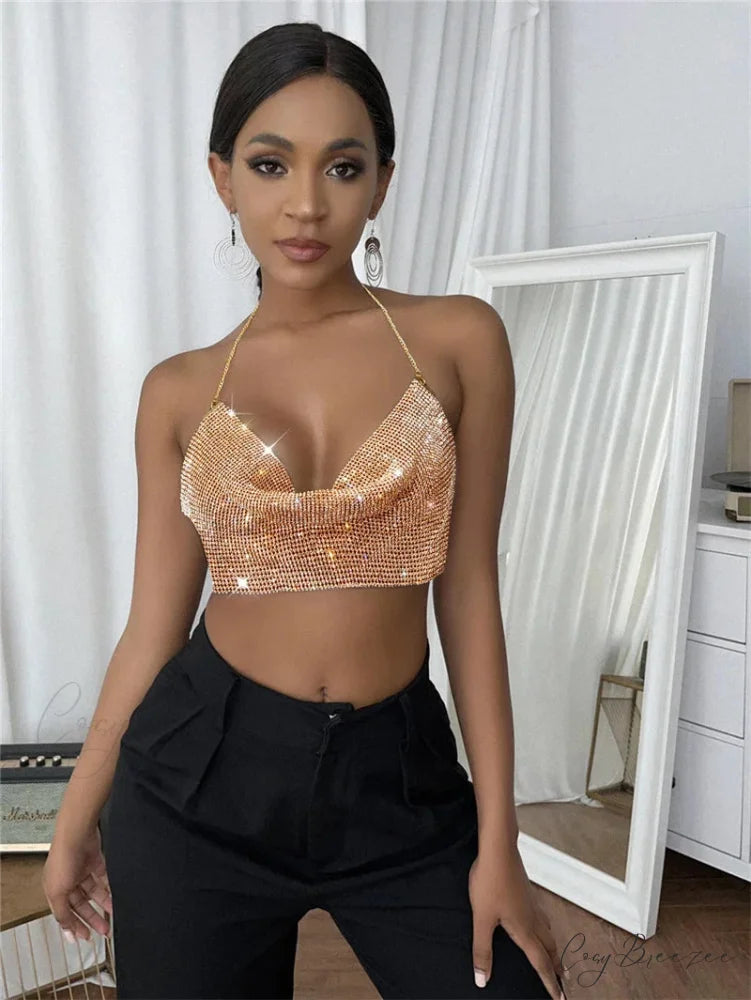 Gothic Party Club Corset Rhinestones Crop Top champagne / S
