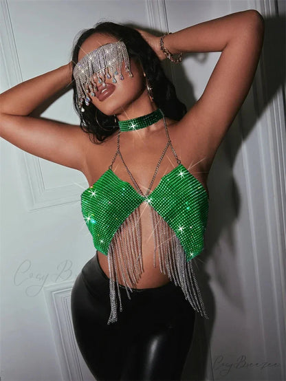 Gothic Party Club Corset Rhinestones Crop Top green / S
