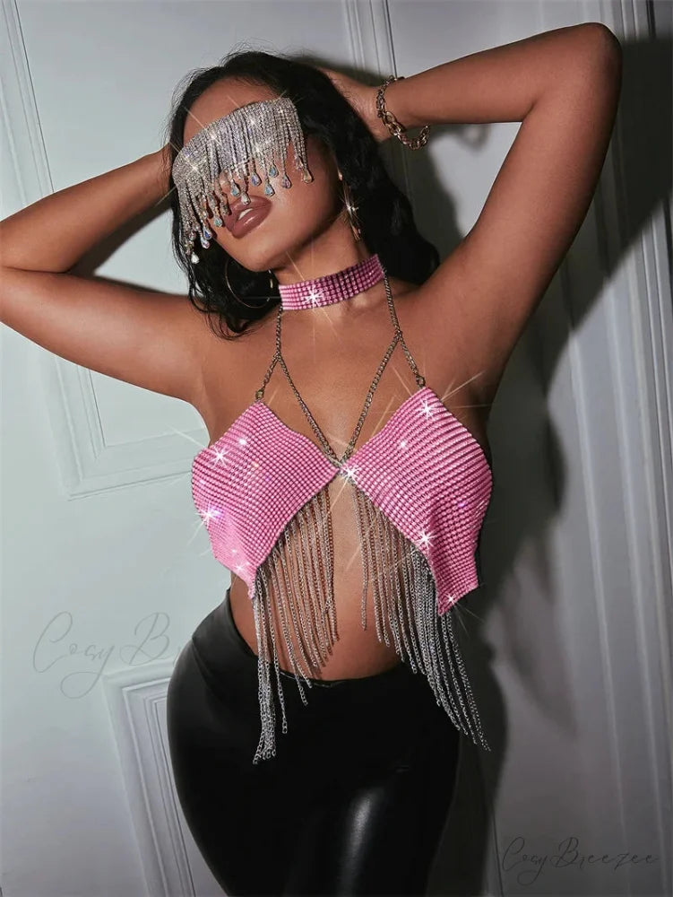 Gothic Party Club Corset Rhinestones Crop Top pink / S