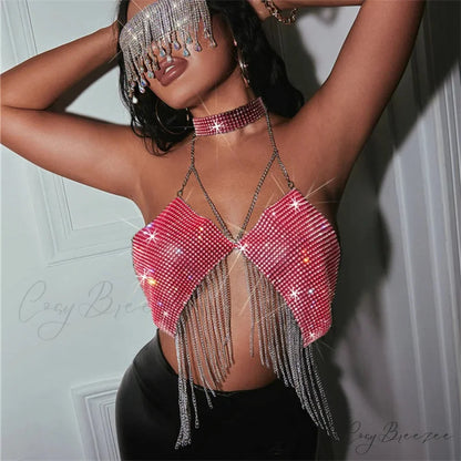Gothic Party Club Corset Rhinestones Crop Top rose red1 / S