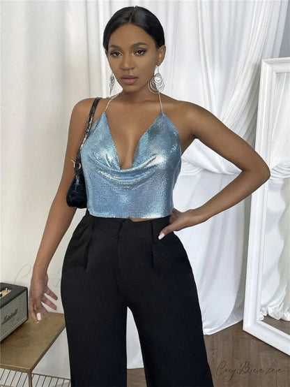 Gothic Party Club Corset Rhinestones Crop Top sky blue / S