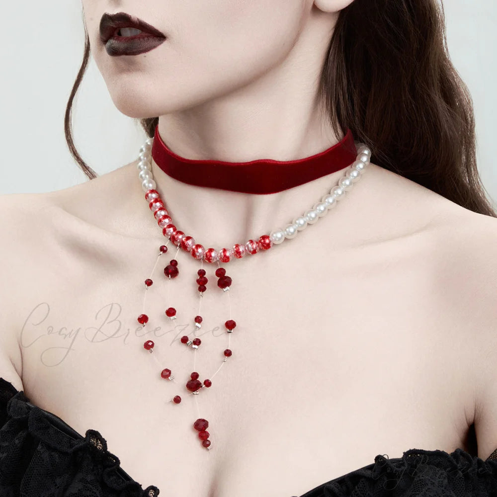 Gothic Pearl Tassel Velvet Halloween Blood Drip Tassel Crystal Choker Necklace RED