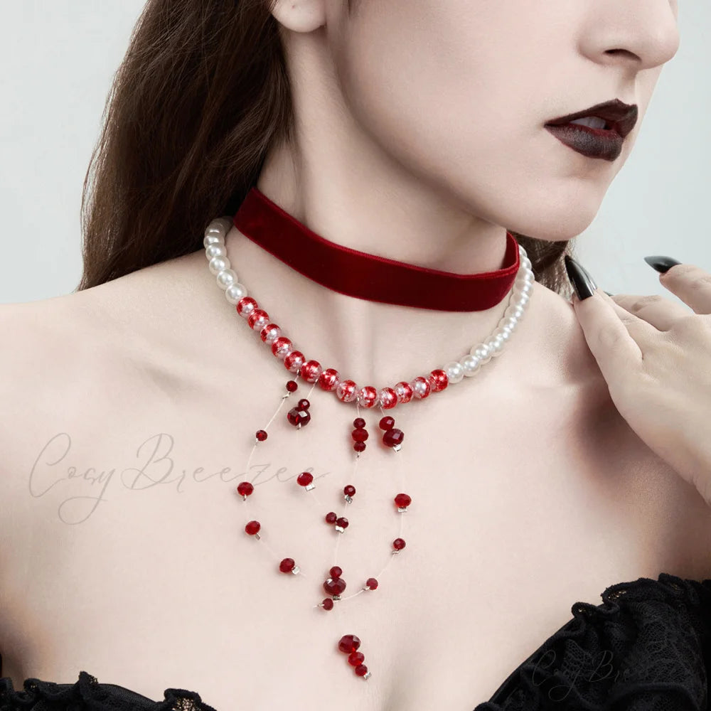 Gothic Pearl Tassel Velvet Halloween Blood Drip Tassel Crystal Choker Necklace RED