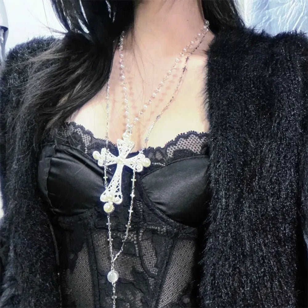 Gothic Punk Double-layer Cross Sweet Cool Necklace WHITE