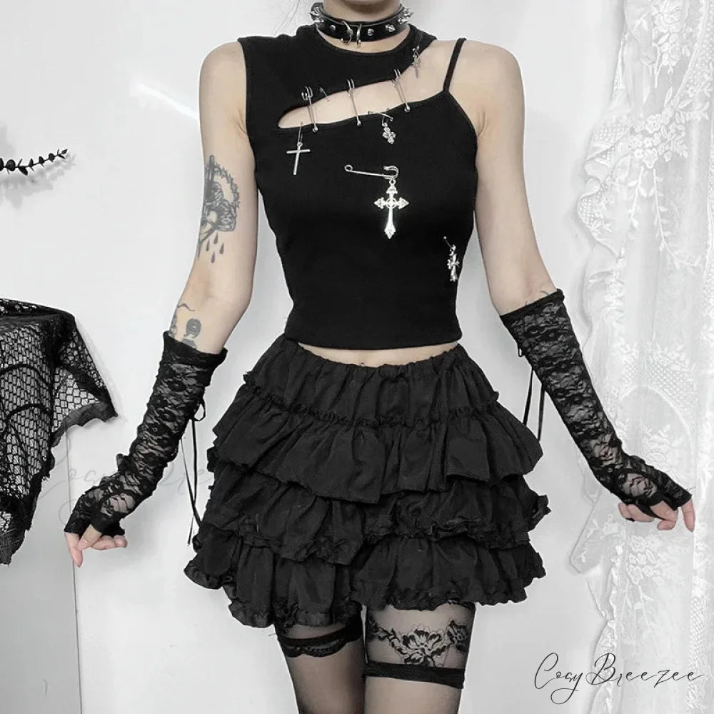 Gothic Punk Fashion Cross Bustier Crop Top Black / S