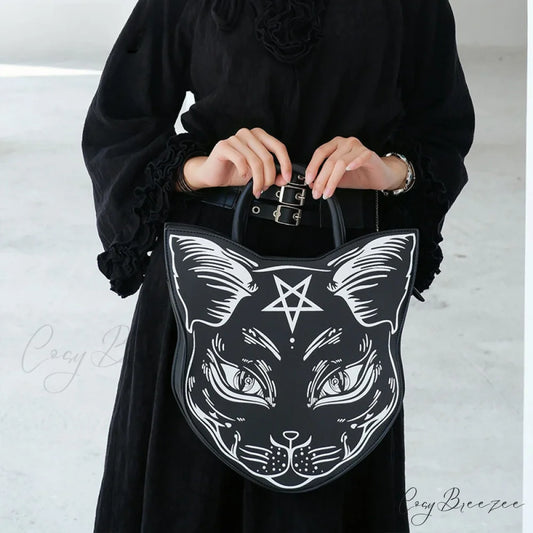 Gothic Punk Style Pentacle Cat Top Handle Fashion Bag Black / (30cm