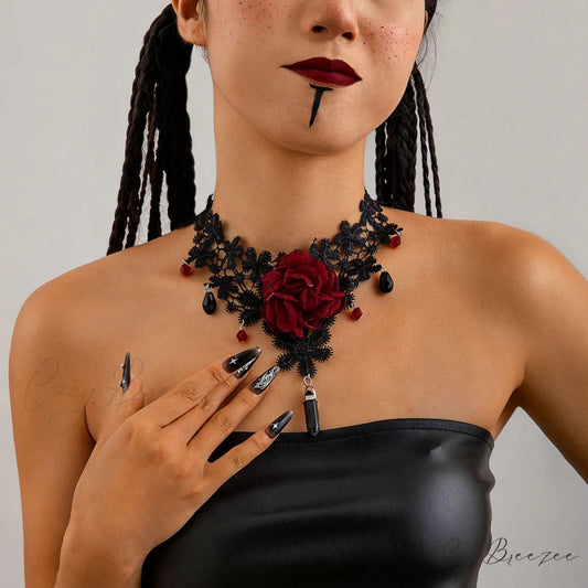 Gothic Red Lace Big Flower Sweet Sexy Geometric Pendant Halloween Necklace BLACK