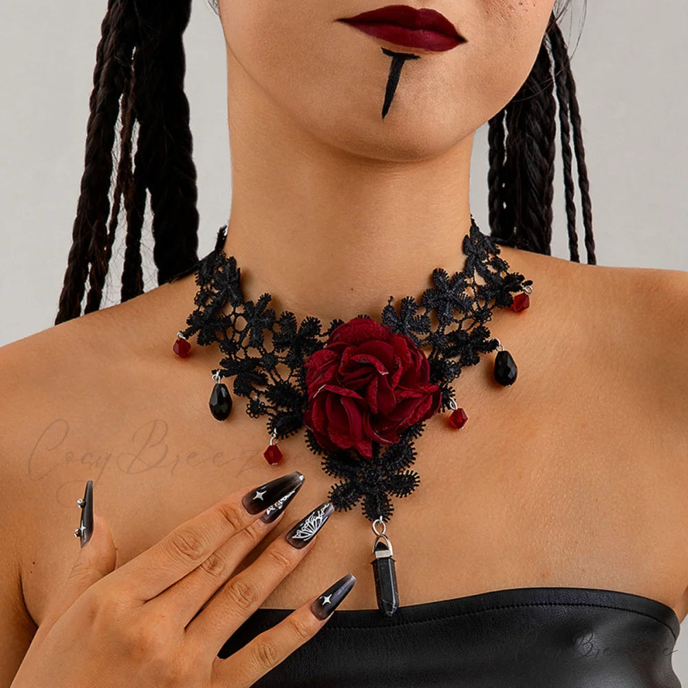 Gothic Red Lace Big Flower Sweet Sexy Geometric Pendant Halloween Necklace BLACK