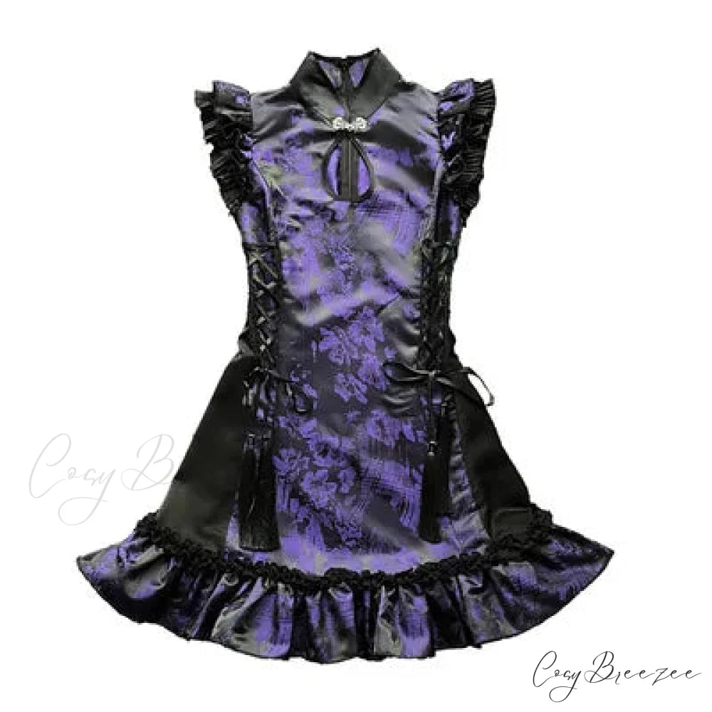 Gothic Retro Chinese Cheongsam Sleeveless Stand Collar Tassels Strap Mini Slim Sexy Punk Party Dress PURPLE / S