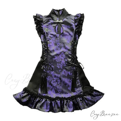 Gothic Retro Chinese Cheongsam Sleeveless Stand Collar Tassels Strap Mini Slim Sexy Punk Party Dress PURPLE / S