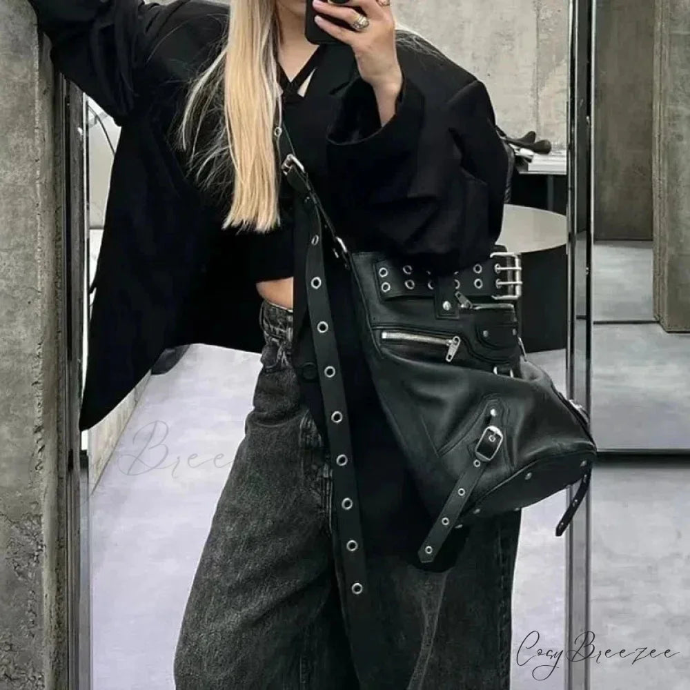 Gothic Rivets Big Volume Dark Metal Cool Motobiker Harajuku Chic Messenger Bag Black