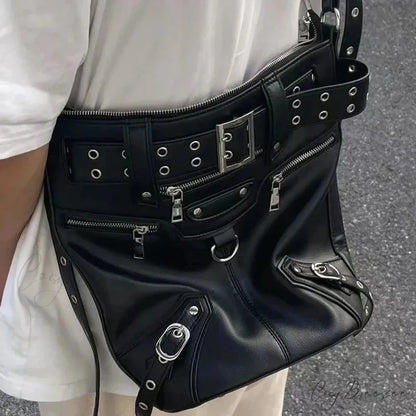 Gothic Rivets Big Volume Dark Metal Cool Motobiker Harajuku Chic Messenger Bag Black