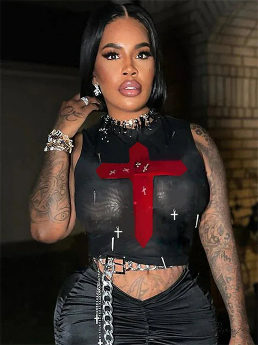 Gothic Sexy Metal Crosses Mesh See Through Crop Top Black / S