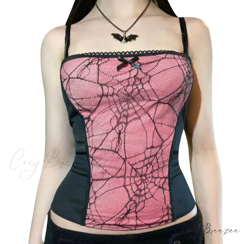 Gothic Spider Web Pattern Sleeveless Backless Zipper Crop Top Pink / S