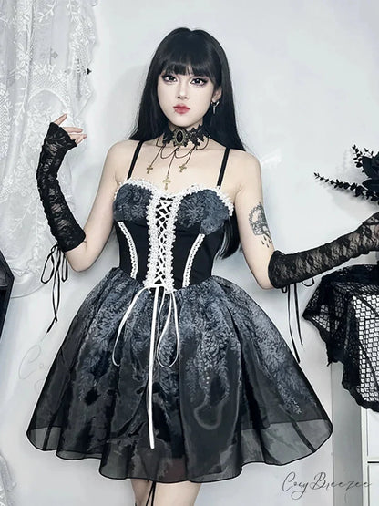 Gothic Spliced Printed Suspender Corset A Line Vintage Sexy Kawaii Mini Dress Black / XS
