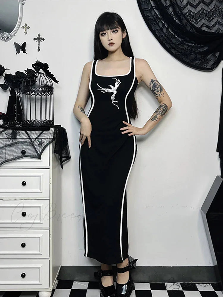 Gothic Square Neck Tank Sexy Sleeveless High Waist White Embroidery Bodycon Dress Black / S