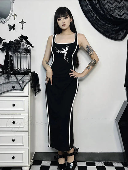 Gothic Square Neck Tank Sexy Sleeveless High Waist White Embroidery Bodycon Dress Black / S