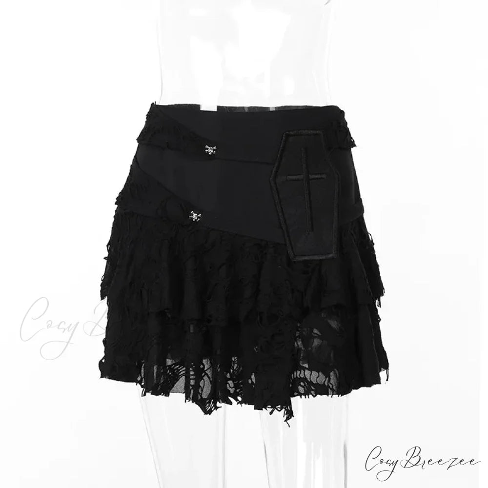 Gothic Style Sexy Lace Cake for Summer 2024 Women with Versatile Ripped Hole Fabric Skirt Black / S
