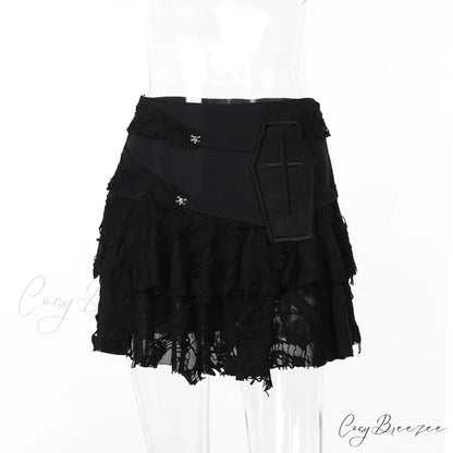 Gothic Style Sexy Lace Cake for Summer 2024 Women with Versatile Ripped Hole Fabric Skirt Black / S
