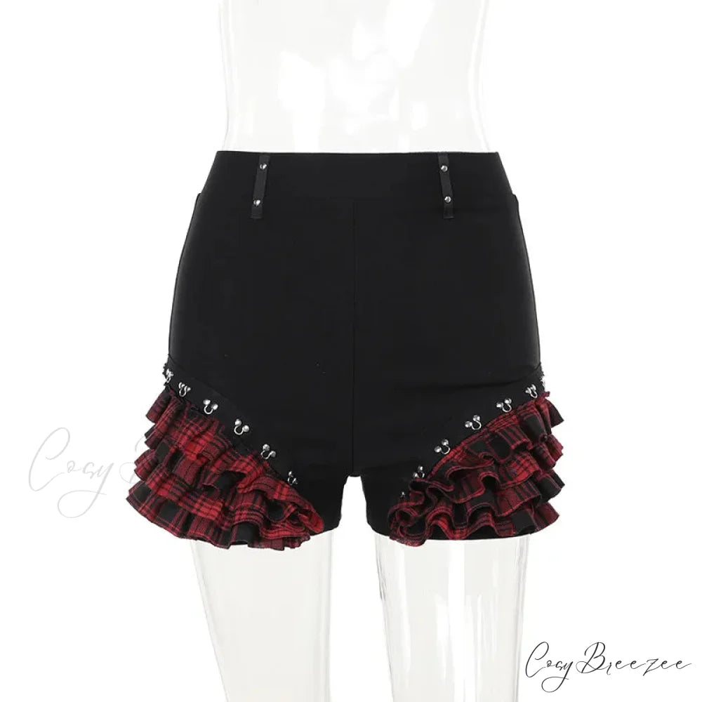 Gothic Summer 2024 New Arrival Landmine Series Plaid Patchwork Shorts Spicy Girl Halter Waist-Cinch Y2K Vest Skirt Blue