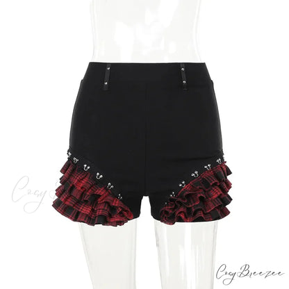 Gothic Summer 2024 New Arrival Landmine Series Plaid Patchwork Shorts Spicy Girl Halter Waist-Cinch Y2K Vest Skirt Blue