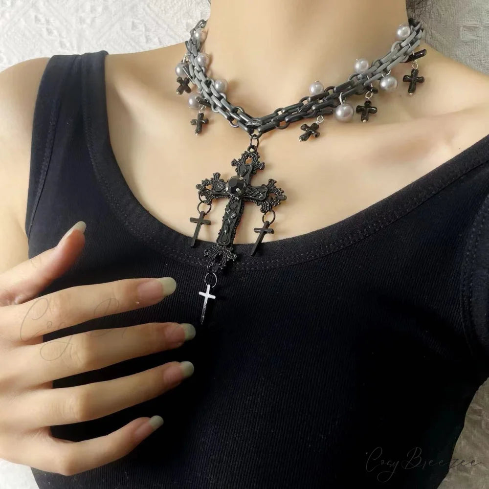 Gothic Sweet Punk Cross Tassel Pearl Hip-hop Necklace BLACK